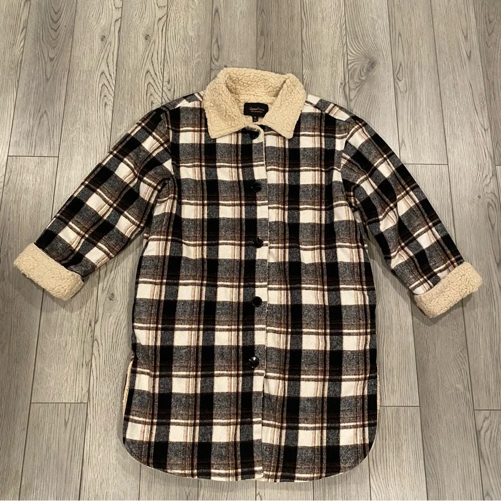 Sweet Rain Long Fleece Lined Jacket Shacket Coat Women’s M Plaid Button Pockets - Picture 2 of 13